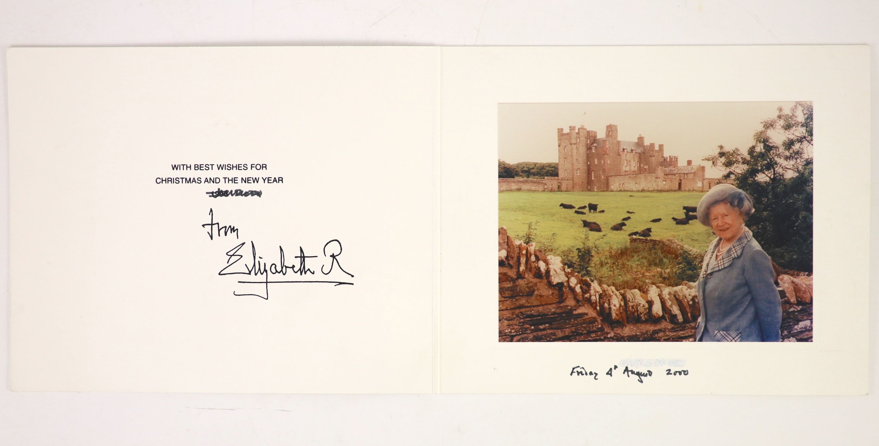 Elizabeth, Queen of George VI of England - 2 colour photographs, sent as Christmas cards for the years 1995 and 2000, each signed ‘’Elizabeth R’’, together with 2 others, unsigned, for the years 1974 and 1995 and 2 furth
